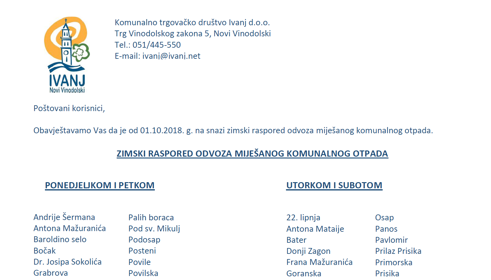 Zimski raspored odvoza miješanog komunalnog otpada